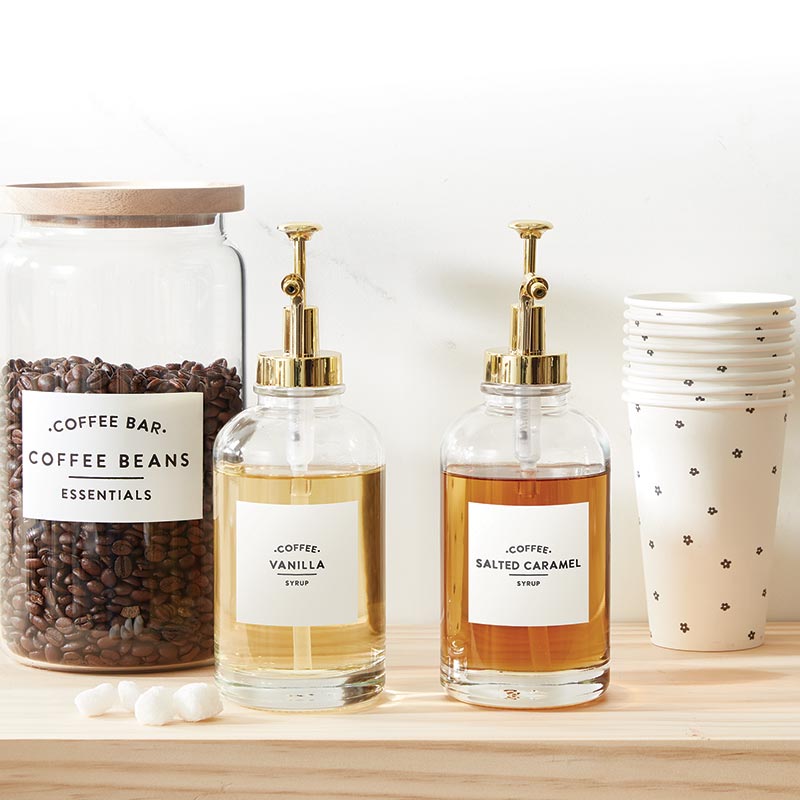 Glass Coffee Syrup Dispenser Set - 2 Pack 16oz Syrup Bottles with Gold Pumps & Labels